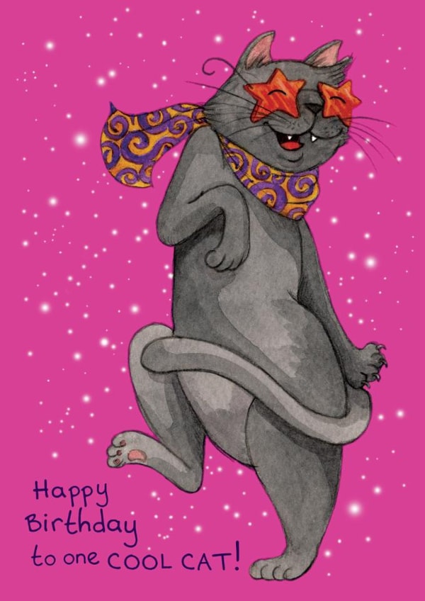 Fun Vibrant Birthday card for a 'Cool Cat' or just a cat lover! created by Hes Durkan Illustration
