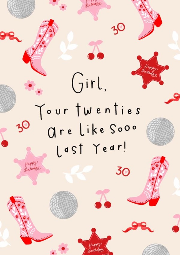 Pretty Birthday Card - 30th - Cowboy Boots created by katie illustrated