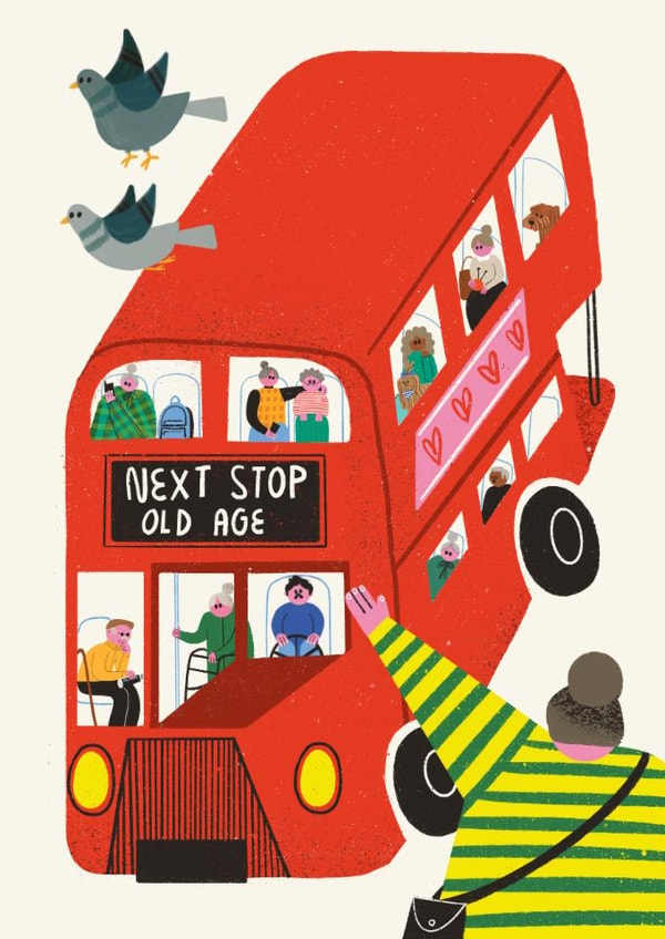 Funny Birthday Card - Bus - Next Stop Old Age created by AbiGoLucky