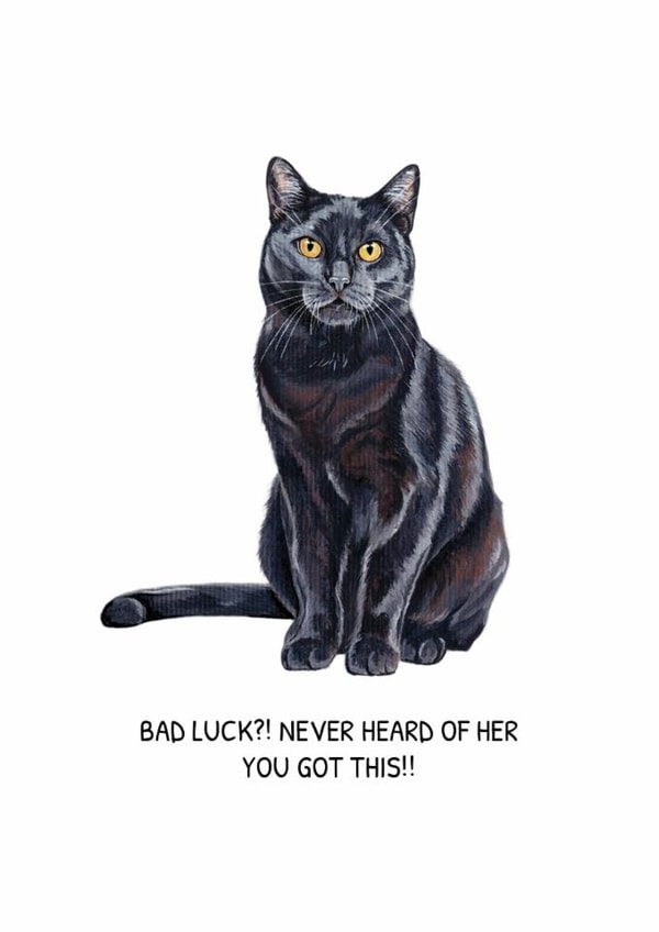 Funny Black Cat Encouragement Card "Bad Luck?! Never Heard of Her" created by GiFlynn Design