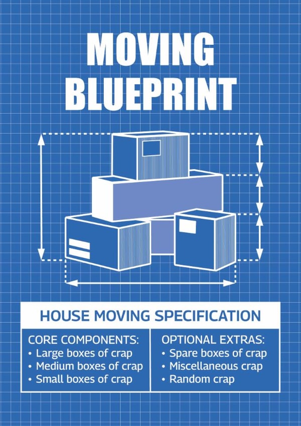Funny New Home Card - Moving Blueprint - Boxes Of Crap created by Versed Aid