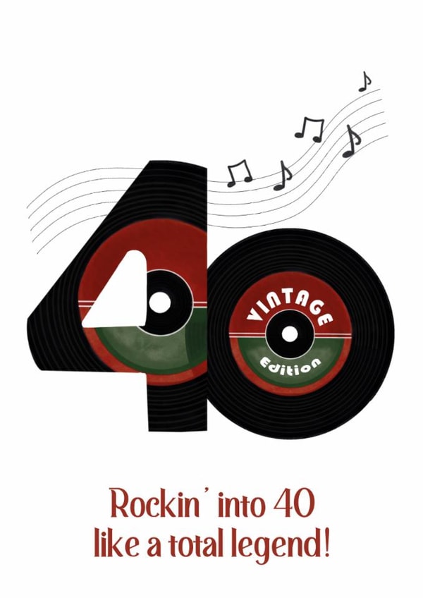 40th Birthday Card – Vintage Vinyl Record Rock Legend created by Treasure and Blossom