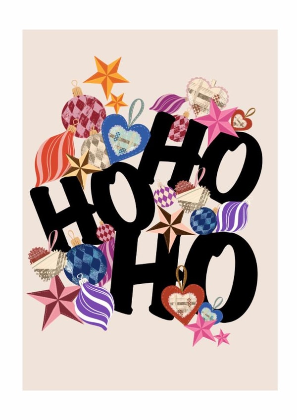 Ho Ho Ho Christmas l Colourful Festive Ornament Typography greeting card created by Ayesha Idris