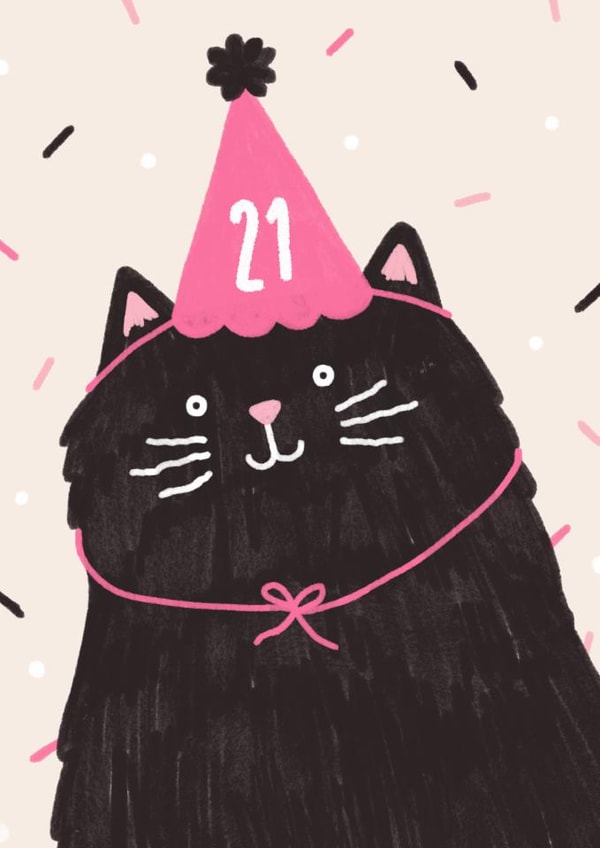 Cute 21st Birthday Card - Black Cat - Party Hat created by Jess Shah