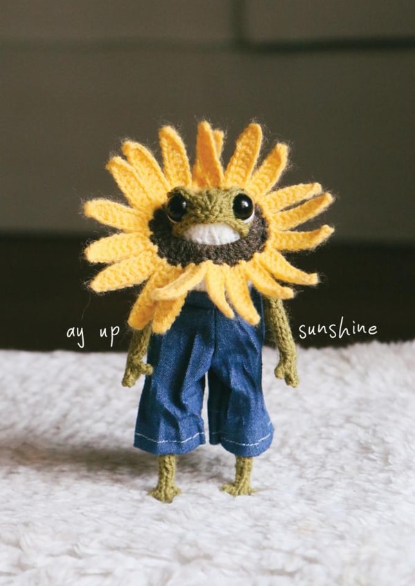 Cute Birthday Card - Ay Up Sunshine - Sunflower Frog - Heknitt created by lil wabbit