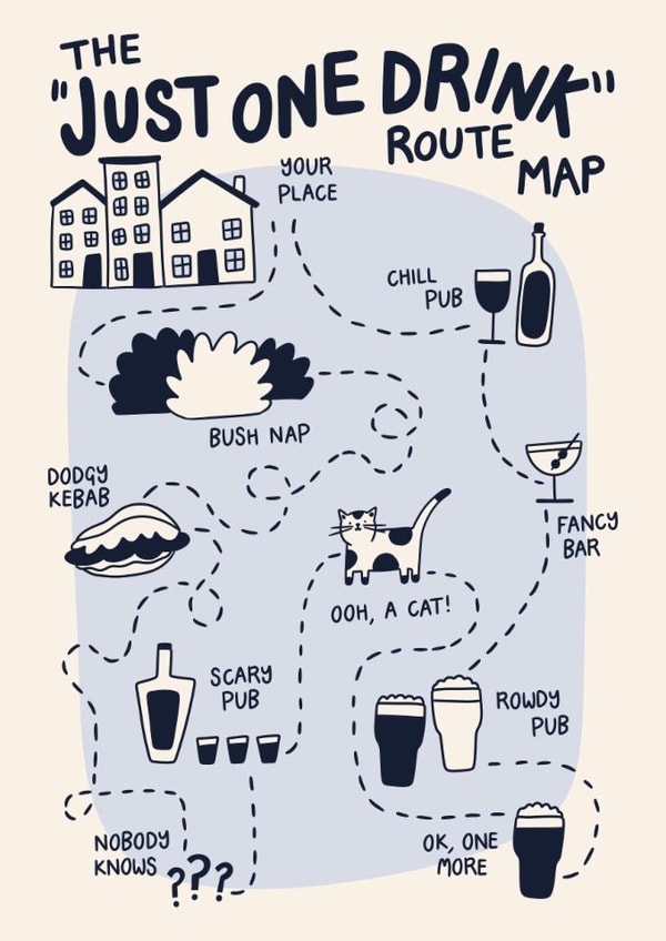 Funny Birthday Card - Just One Drink - Route Map created by Christine Cuddihy Illustration