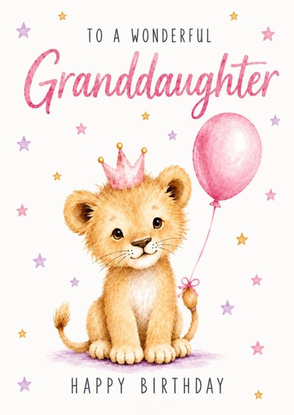 Cute Granddaughter Birthday Card With Lion Cub And Pink Balloon created by BeauPrintBoutique