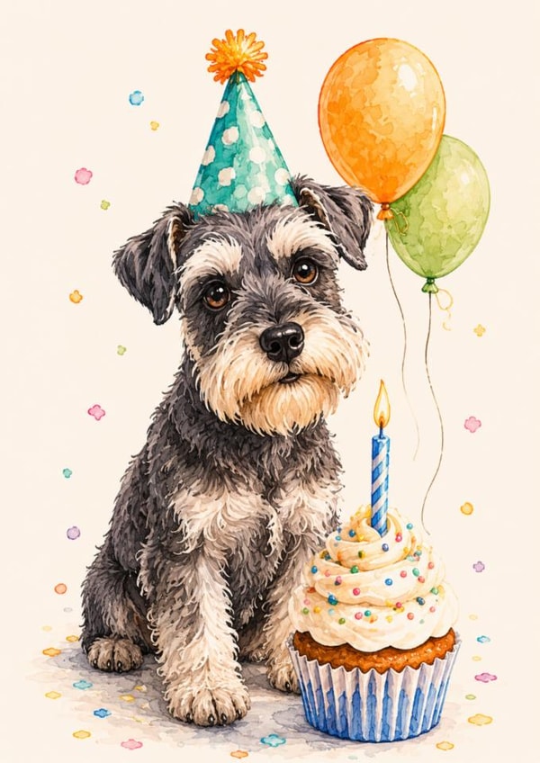 Cute Schnauzer Birthday Card with Cupcake, Balloons and Party Hat Design created by Bethany Brown