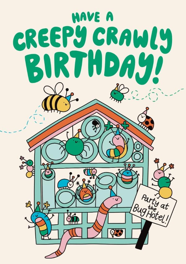 Cute Birthday Card - Bug Hotel Party - Creepy Crawly Birthday created by Christine Cuddihy Illustration