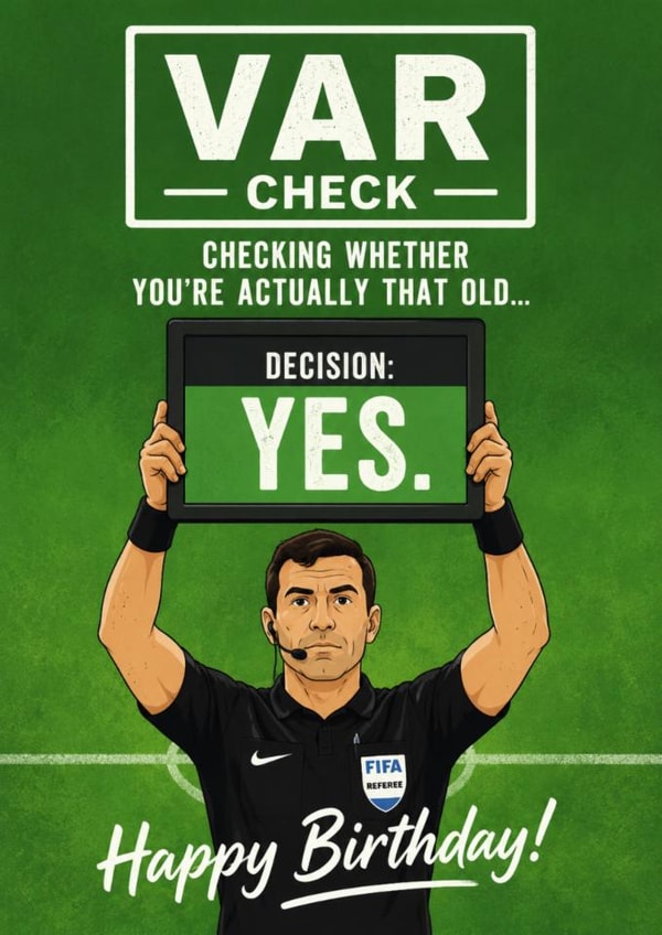 Funny VAR Check Football Birthday Card For Him created by LEORAS ATTIC