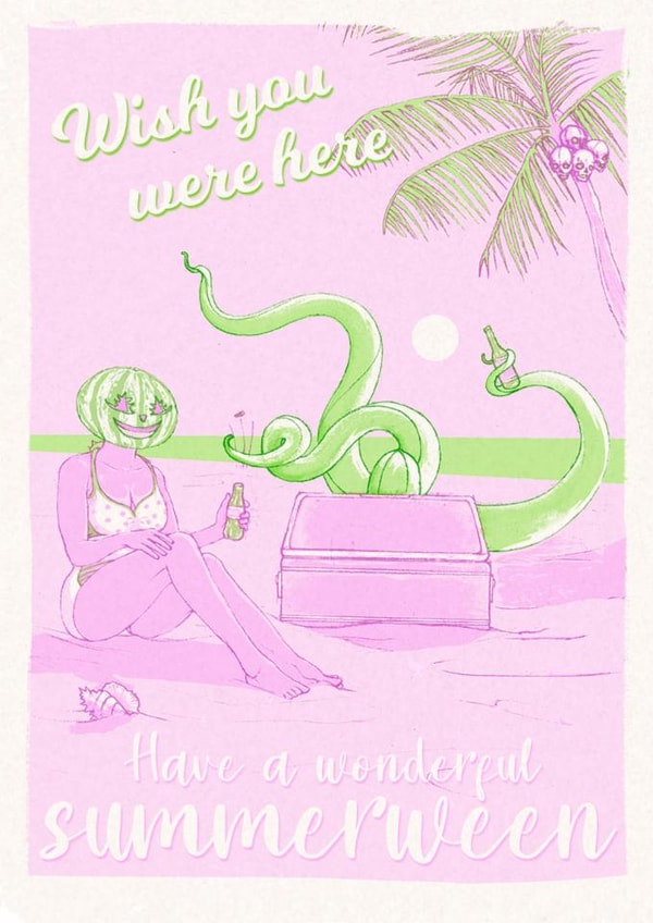 Spooky Summerween Beach Holiday Card - Sunbathing - Wish you were here created by Quiet Forest Illustration