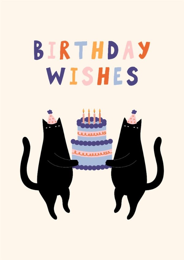 Cute Birthday Card - Birthday Wishes - Black Cats - Cake created by Sad Girl Illustration
