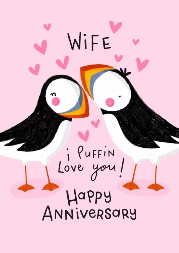 Cute Anniversary Card - For Wife - Puffin Couple - Puffin Pun created by Nicola Watson