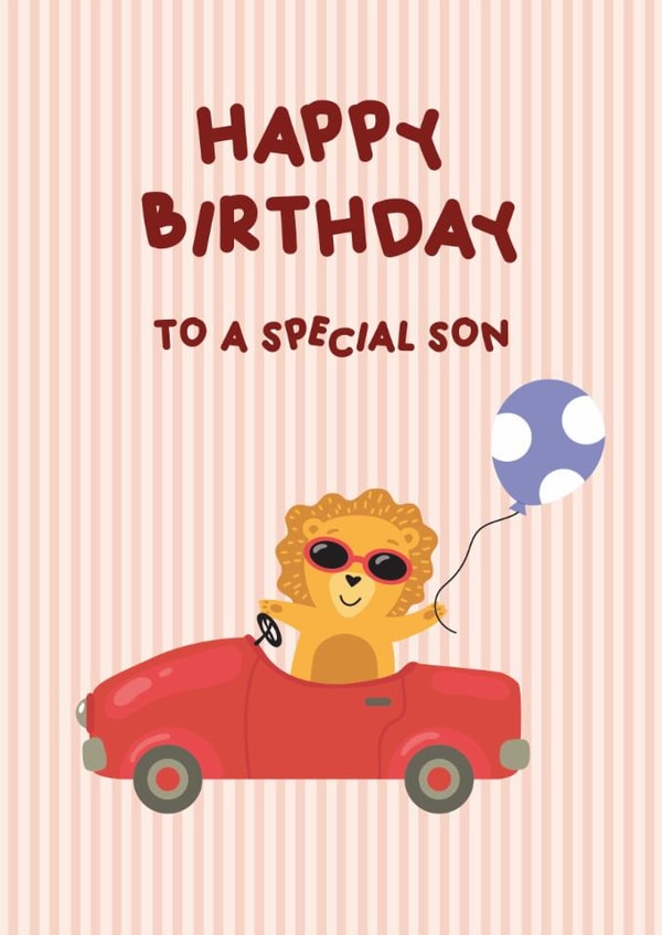 3. Cute Lion Birthday Card for Son in a Red Convertible created by Melissa Doodles