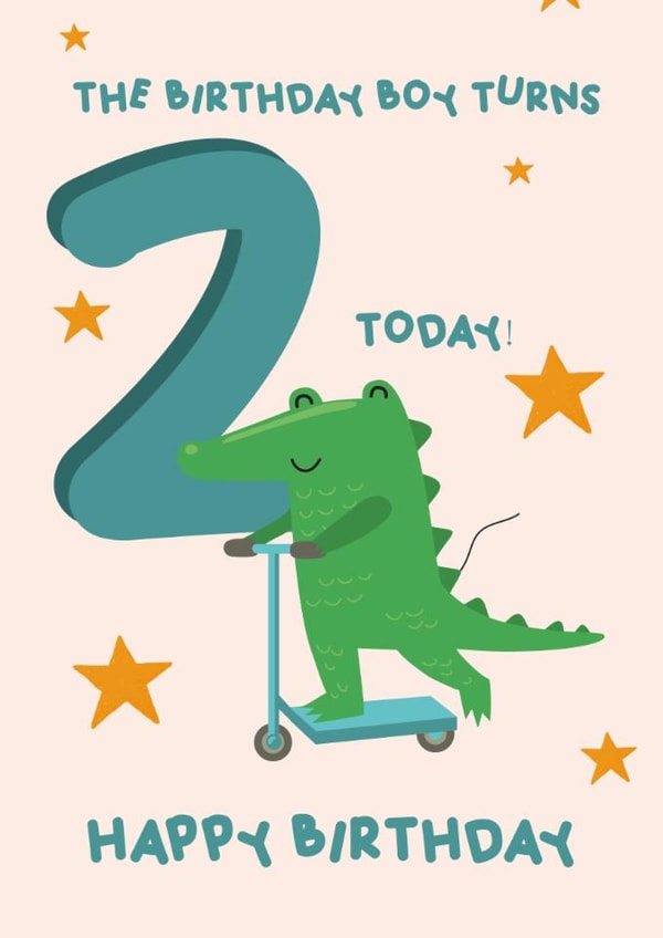 Birthday Boy Turns 2 Card – Cute Crocodile Scooter Design created by Melissa Doodles