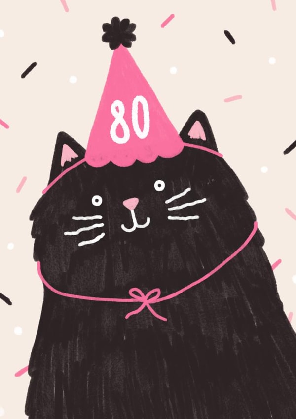 Cute 80th Birthday Card - Black Cat - Party Hat created by Jess Shah