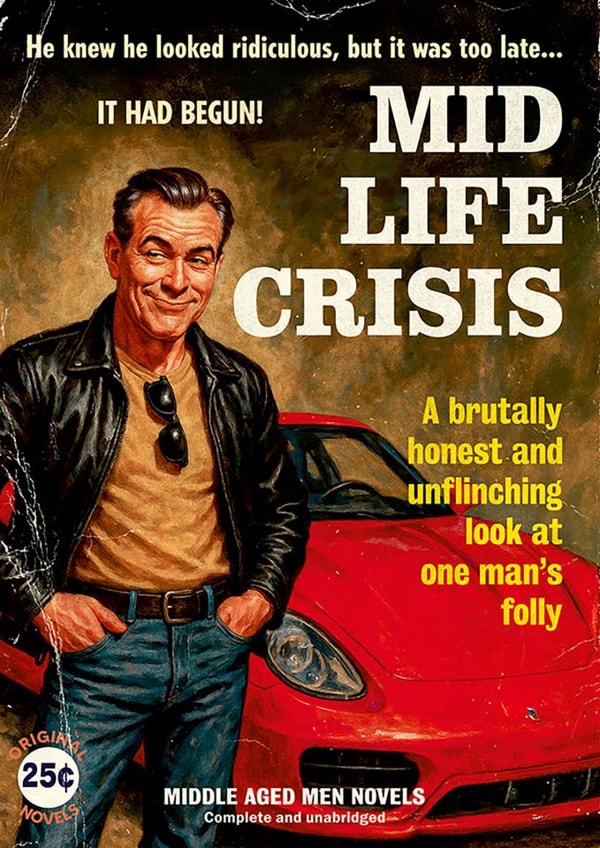 Funny Birthday Card - Mid Life Crisis - Middle Aged Men Novels created by Dean Morris Cards