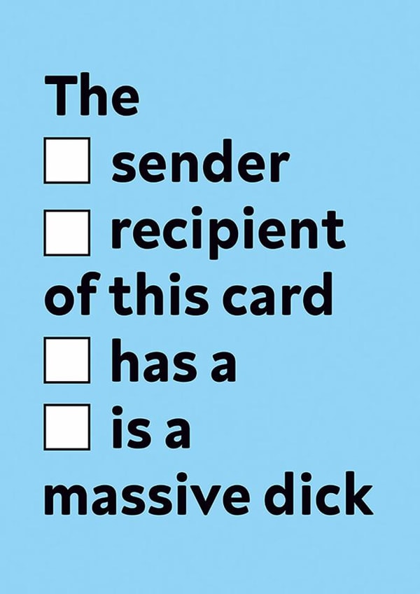 Funny Birthday Card - Massive Dick - Tickbox created by Dean Morris Cards
