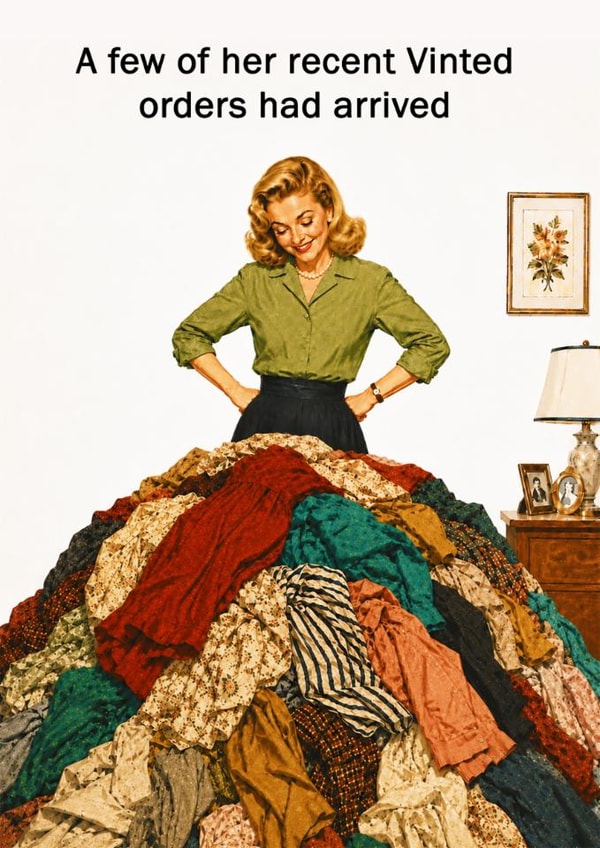 Funny Birthday Card - A Few Of Her Vinted Orders Had Arrived - Pile Of Clothes created by Go La La!
