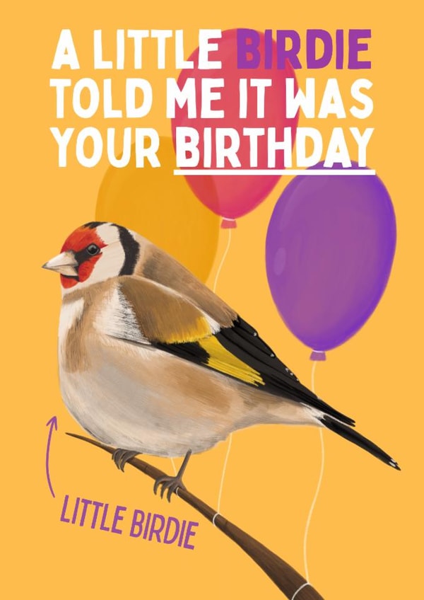 Fun Little Birdie Card - Bird Birthday Card - Goldfinch created by Sian Moore Illustration