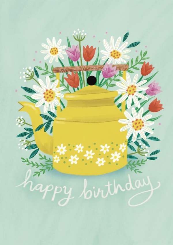 Pretty Birthday Card - Yellow Teapot - Flowers created by Watercolour Sky