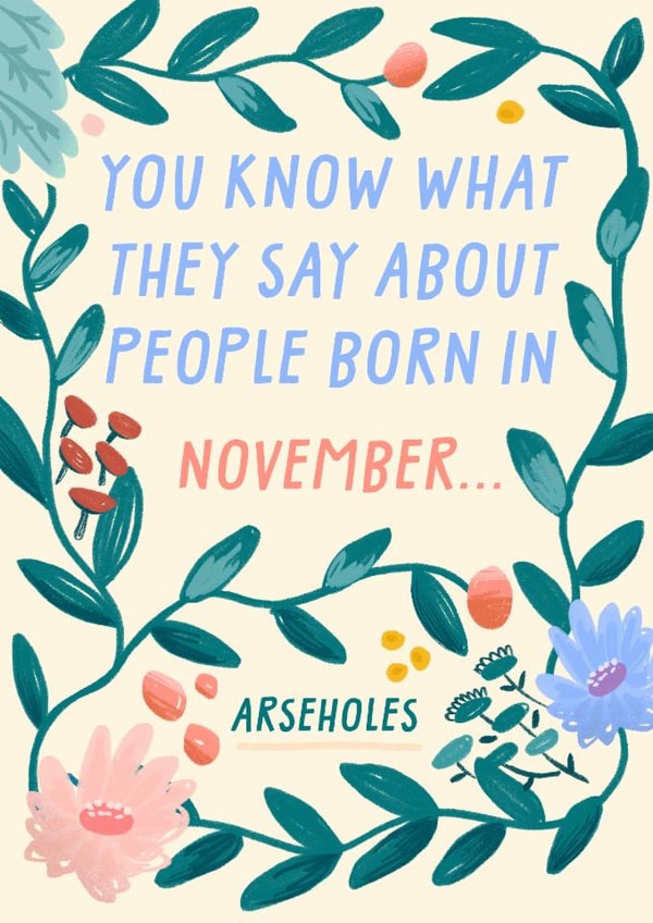 Cheeky Birthday Card - You Know What They Say About People Born In November - Arseholes created by URGHH Card Co.