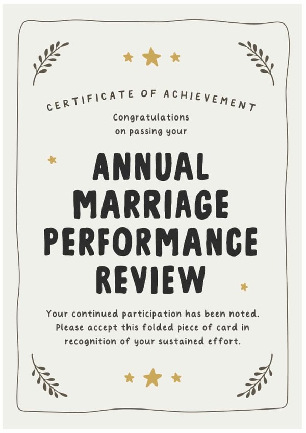 Funny Wedding Anniversary card - Certificate - Performance Review for Him or Her created by Kreate Paper Co.