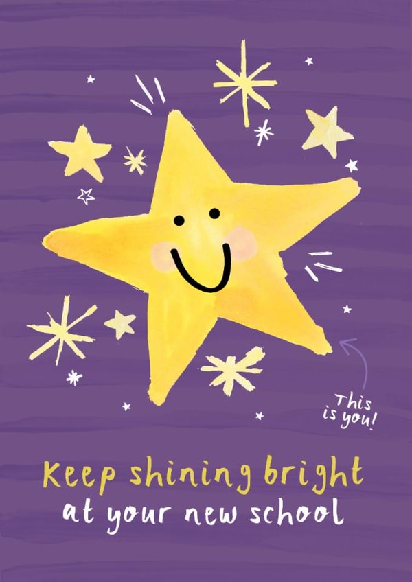 Cute Good Luck Card - Shine Bright At Your New School - Star created by Bow & Bell