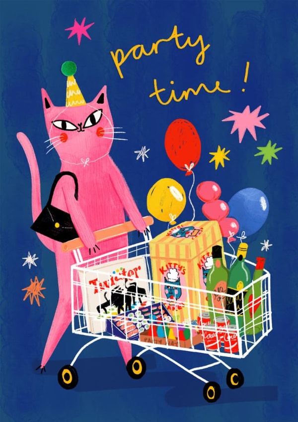 Cute Birthday Card - Party Time - Cat created by NICHOLA COWDERY ILLUSTRATIONS 
