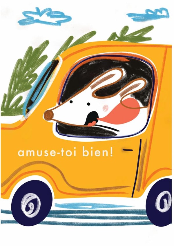 Cute Birthday Card - Amuse-Toi Bien - Have Fun - Car Dog created by dorothea rogers