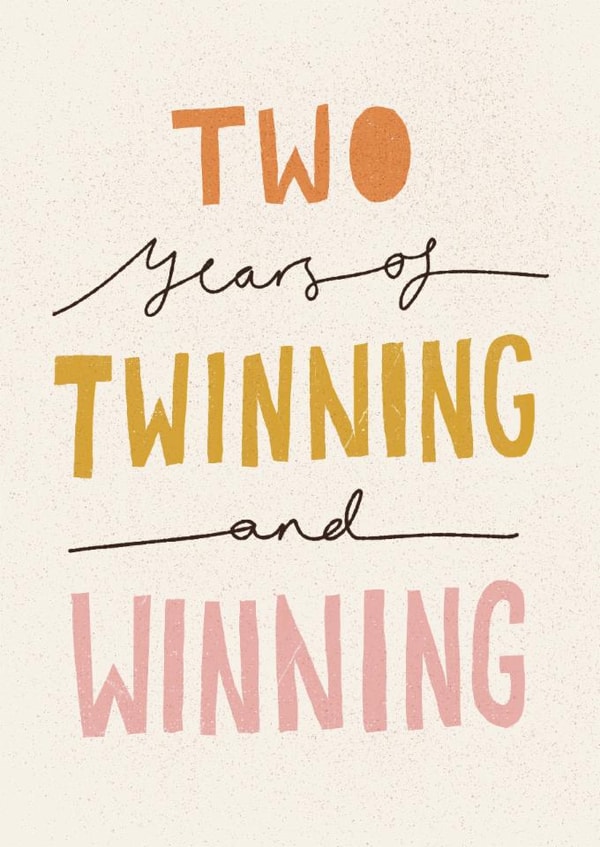 Funny neutral second Birthday Card for Twin Boys / Girls - Twinning And+Winning created by Nicola Scott