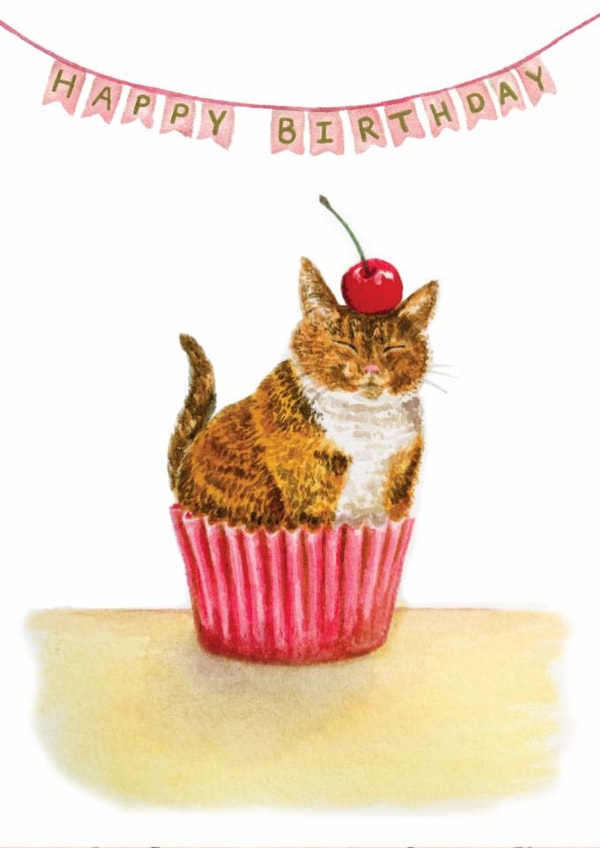 Cute cat in a cupcake case with cherry - Happy Birthday for cat and cake lovers created by Zoe Pearl