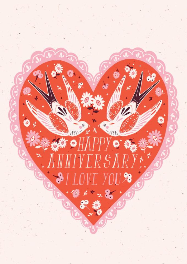 Happy Anniversary Card for Husband, Wife or Partner Vintage Love Birds and Heart created by THE PRINTED SQUARE STUDIO
