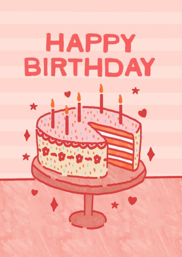 Happy Birthday Card | Pink Illustrated Cake | Cute Birthday Card for Her created by Sunny Ray Design