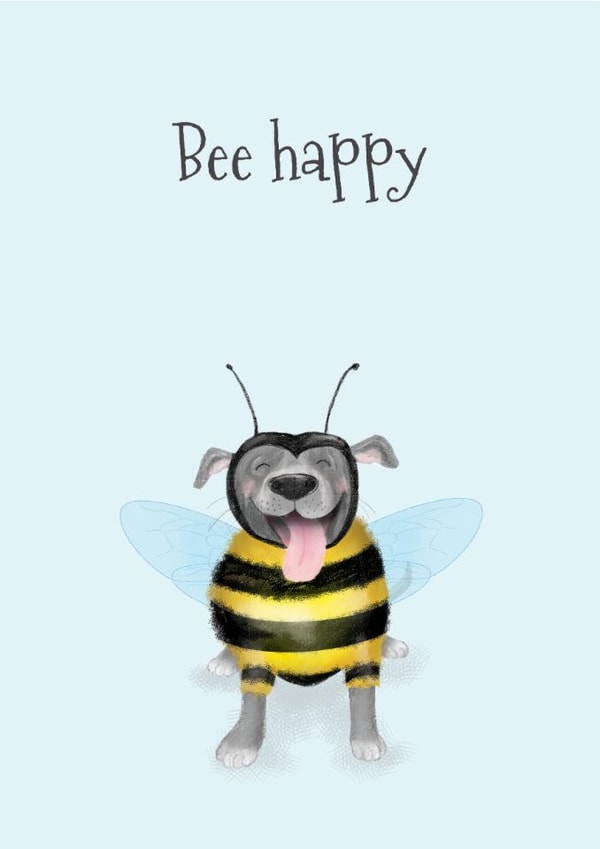 Cute Thinking Of You Card - Bee Happy - Staffy Dog created by LeopardyNonsense