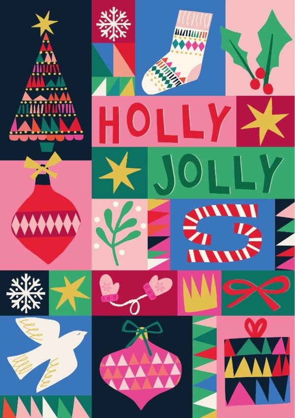 Arty Christmas Card - Colourful Patch Work - Holly Jolly created by Nina Raby - Jones