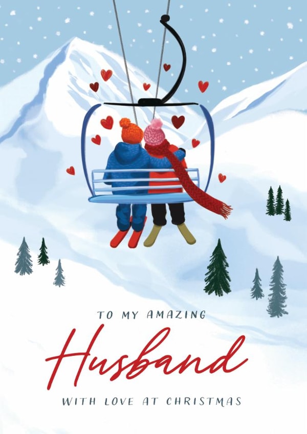Classic Christmas Husband Card - Ski Lift - Mountains - Skiers created by Debbie Daley Illustrations