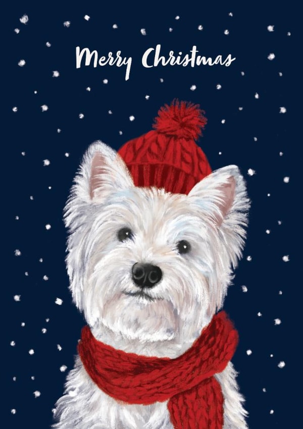 Cute Westie Scarf and Wooley Hat Christmas Card - Dog created by Debbie Daley Illustrations
