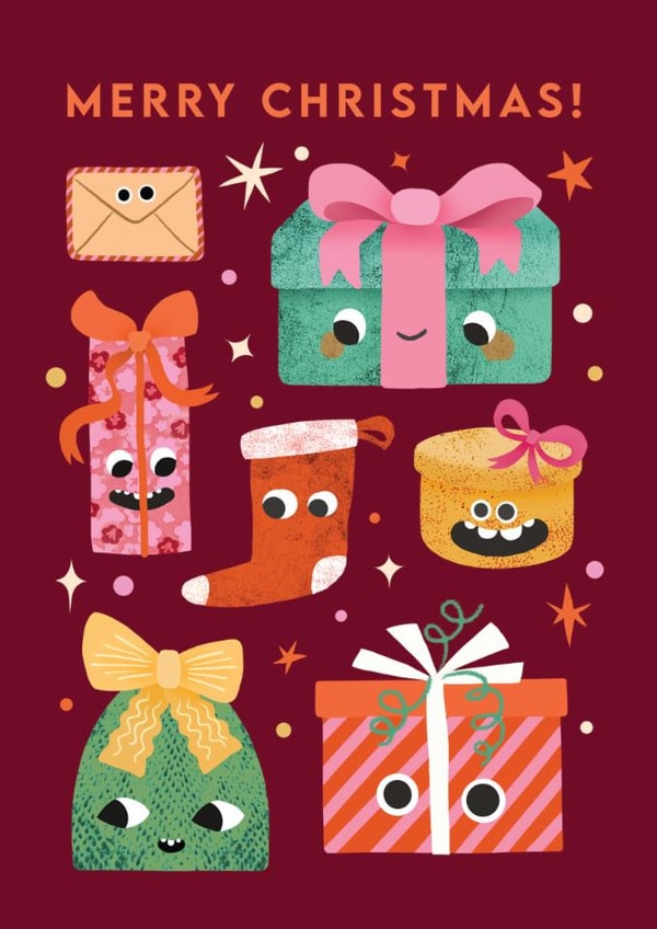 Cute Christmas Card - Presents - Silly Faces created by Emily Nash Illustration