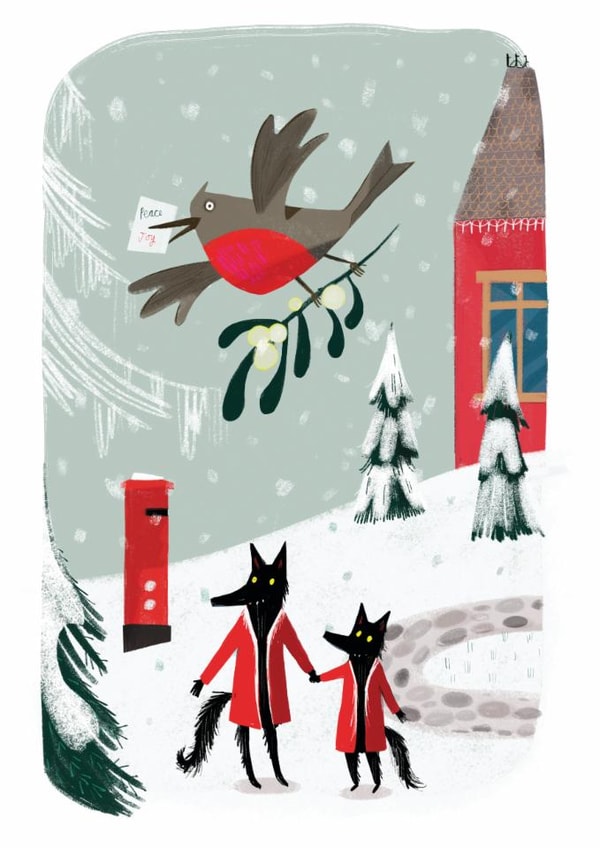 Robin, wolves and postbox Christmas card for anyone, especially animal lovers. created by Maxine Lee-Mackie