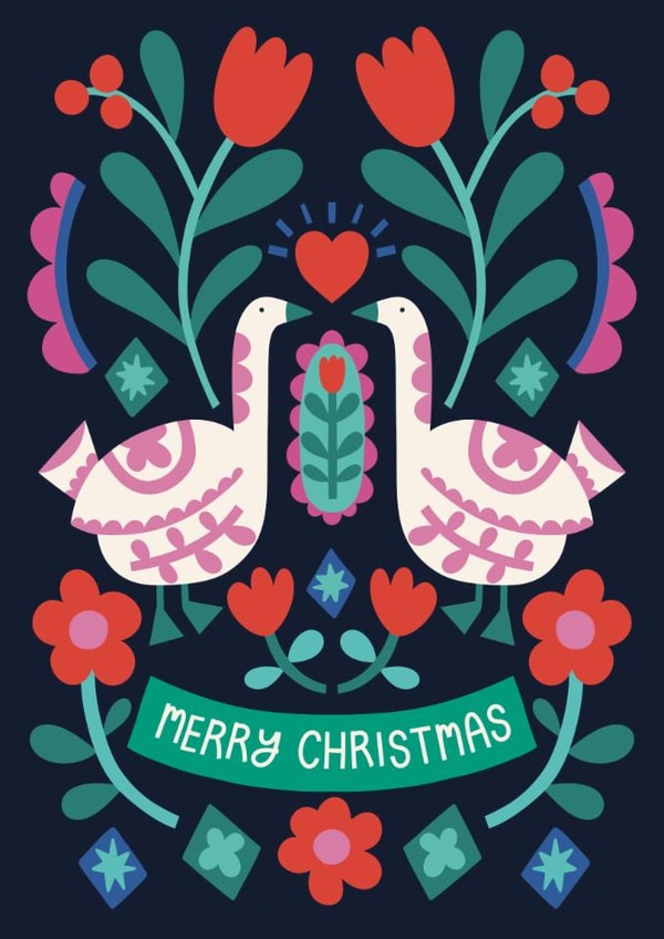 Pretty Christmas Card - Geese And Flowers - Folk Art created by Christine Cuddihy Illustration