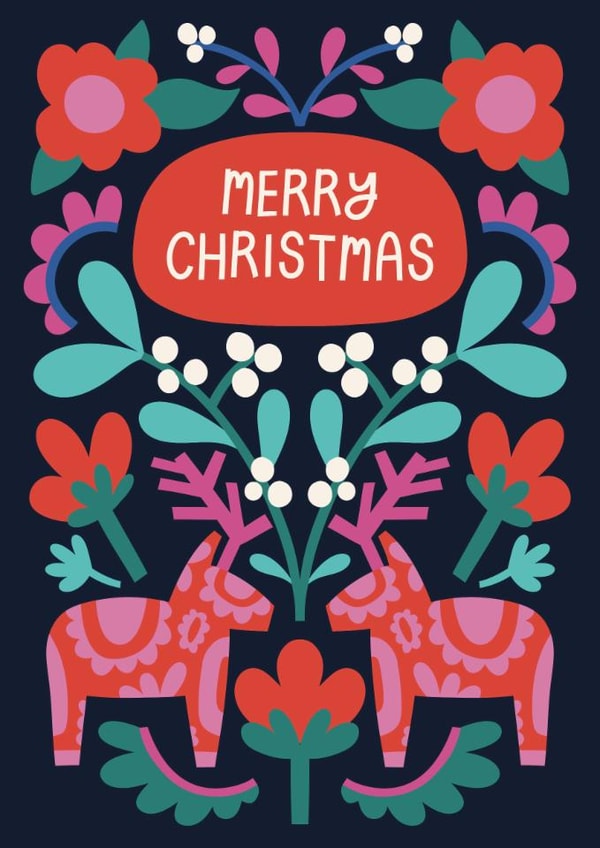 Pretty Christmas Card - Reindeer Folk Art - Scandi created by Christine Cuddihy Illustration