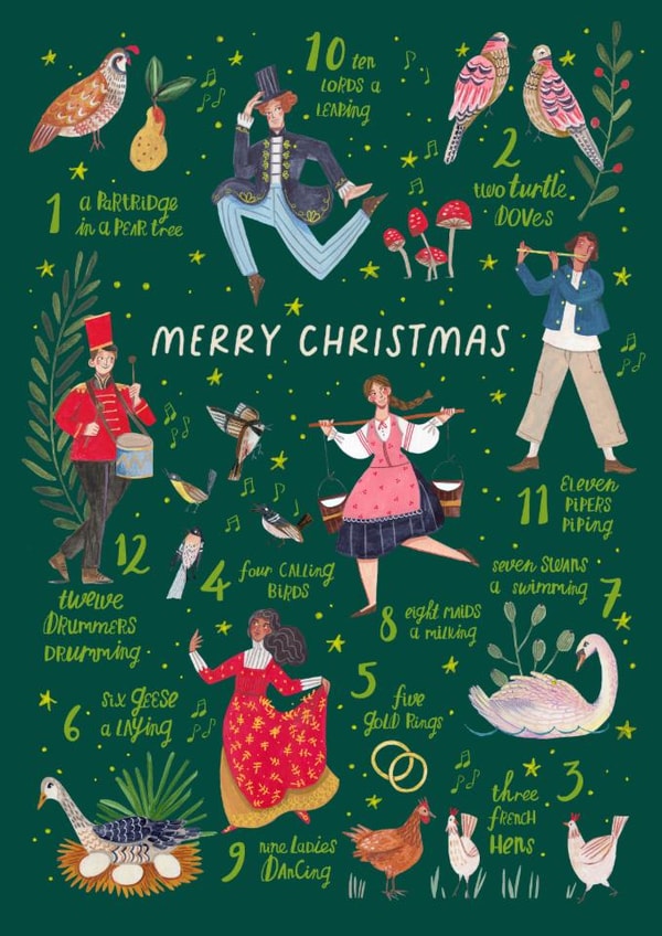 Fun Christmas Card – 12 Days of Christmas with Festive Birds & Characters created by Caroline Bonne Müller