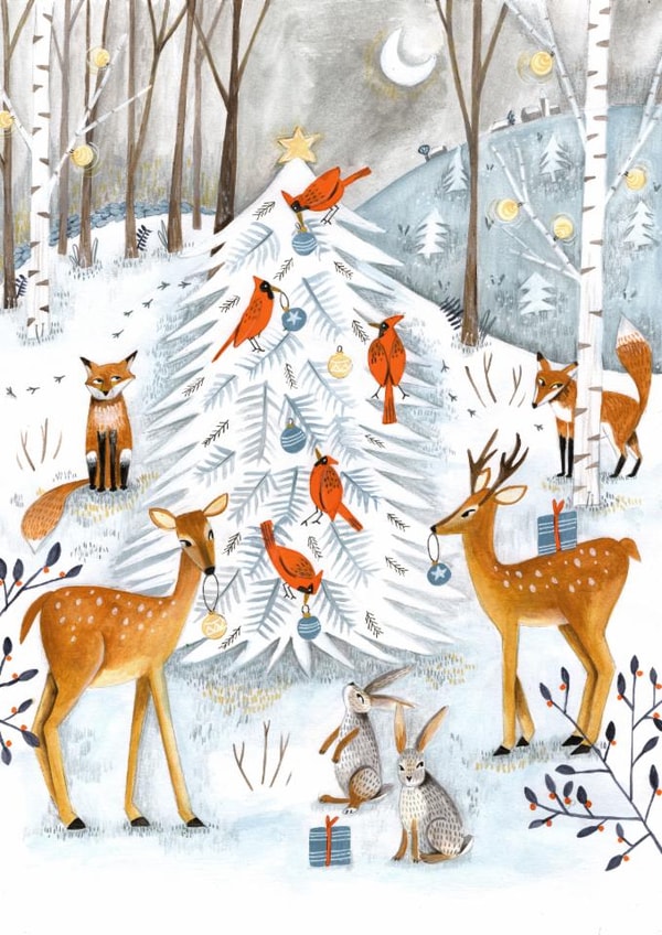 Whimsical Christmas Card – Winter Woodland with Deer, Foxes & Cardinals created by Caroline Bonne Müller