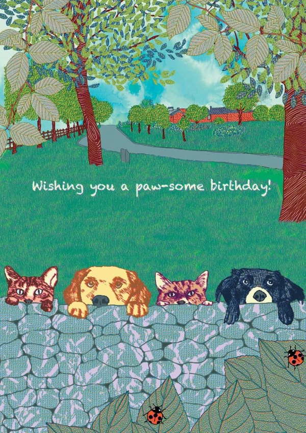 Cute cat and dog birthday card to wish a special friend,  a 'paw-some' birthday. created by PAD Illustrations