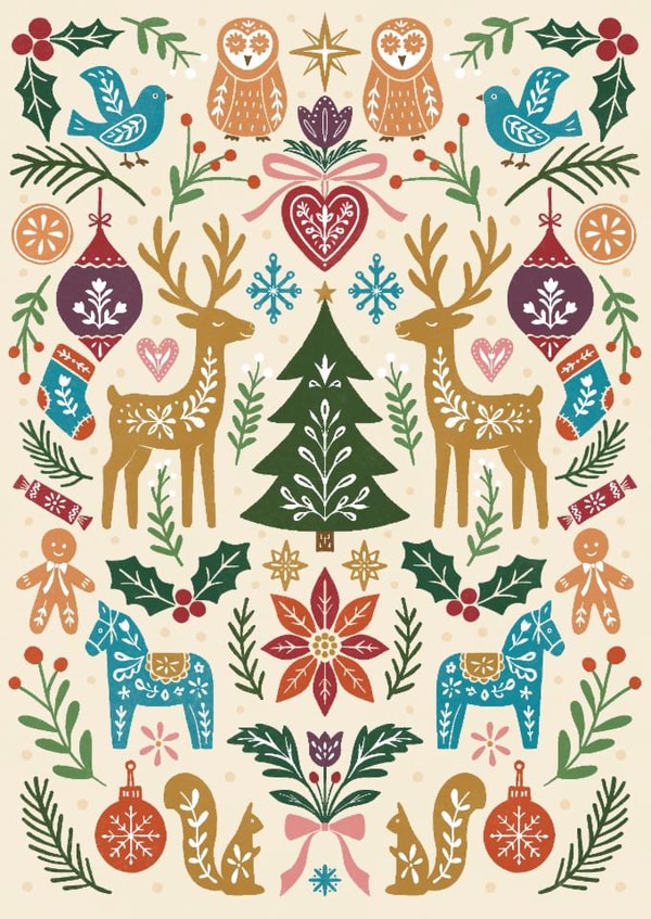 Pretty Christmas Card - Scandi Folk Art Multicolour - Cottagecore created by Sydney Jo Designs