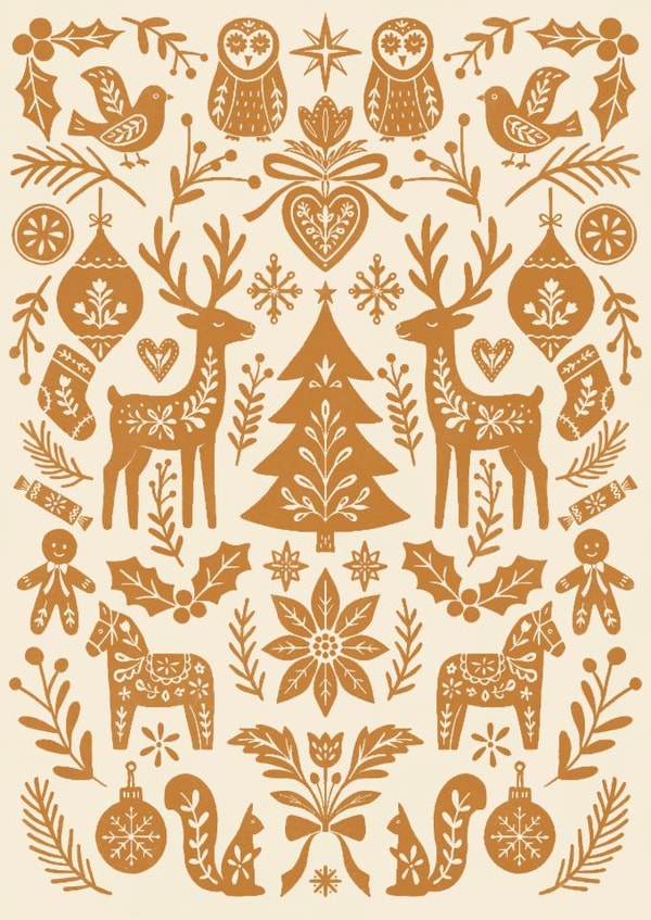 Pretty Christmas Card - Scandi Folk Art Pattern - Warm Gingerbread - Cottagecore created by Sydney Jo Designs
