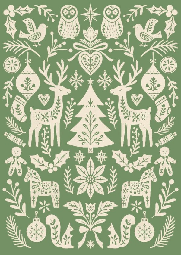 Pretty Christmas Card - Scandi Folk Art Pattern - Fir Green - Cottagecore created by Sydney Jo Designs