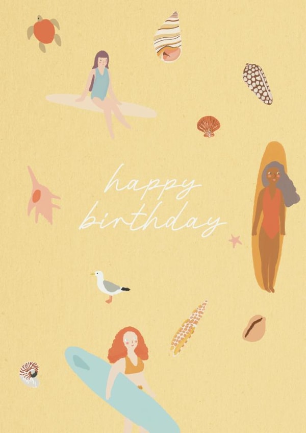 Cute birthday card for beach loving friend or relative - surfing theme created by Victoria Lucy Williams