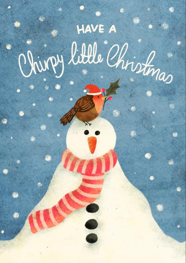 Cute Christmas Card – Robin on a Snowman Design – Have a Chirpy Little Christmas created by Lotta Designs